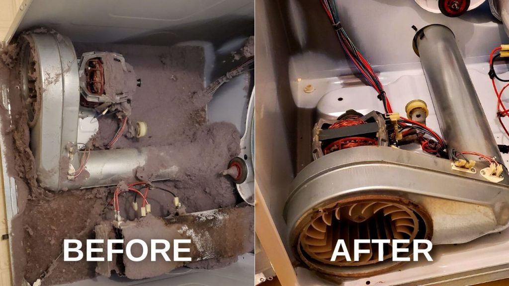 Dryer interior before and after lint cleaning &mdash; a major fire risk
